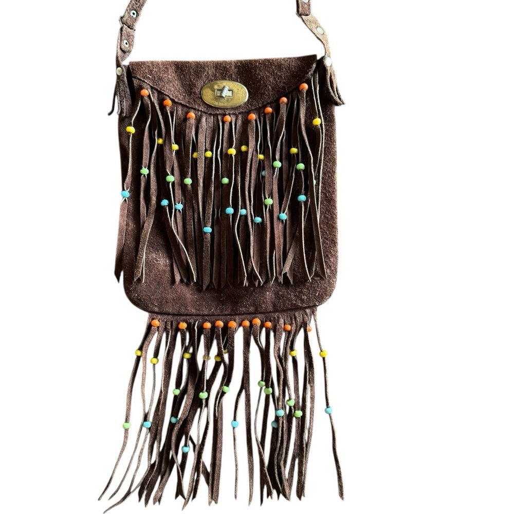 Brown Suede Fringe Bag with Colorful Beads Buckle Front Satchel Bag